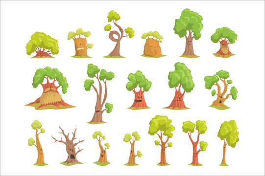 Cute tree characters set, funny humanized trees with different emotions colorful hand drawn vector Illustrations
