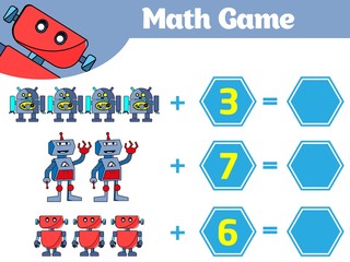 Mathematics educational game for children. Learning subtraction worksheet for kids, counting activity. Vector illustration Robot