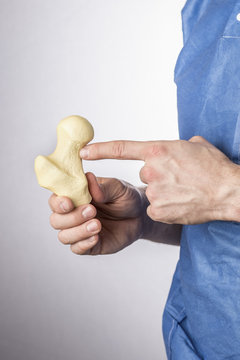 Close up doctor explaining femur bone model