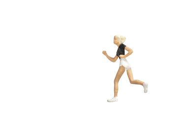 Miniature people running isolated  on white background with clipping path