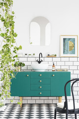 Mirror and poster above green cabinet in bathroom interior with black chair and plants. Real photo