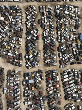 Aerial view old cars in junkyard, Bakersfield, California, USA