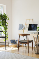 Wooden chair at desk with desktop computer in white home office interior with plant on ladder. Real...