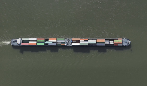 Aerial view container ship at sea