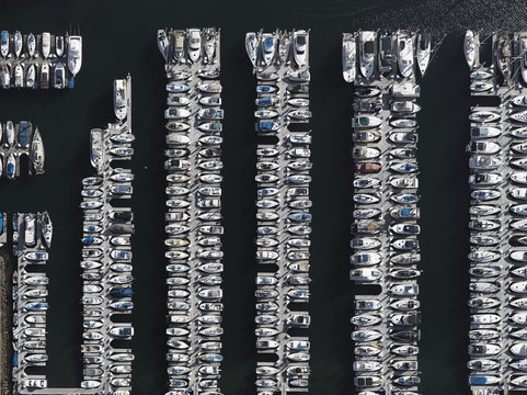 Aerial view boats moored in sunny harbor, Los Angeles, California, USA