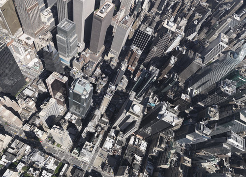 Aerial view sunny city skyline, New York City, New York, USA