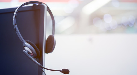 close up headset earphone for call center occupation concept.