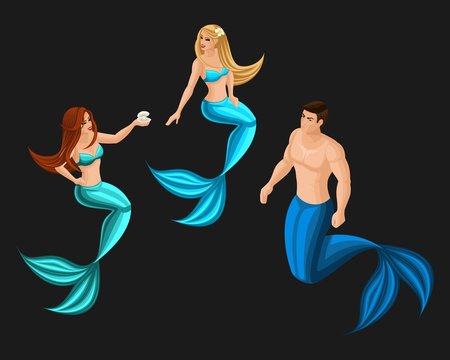 Isometry of a mermaid in blue on a dark background, girls and men are mermaids, serenas. Vector Characters