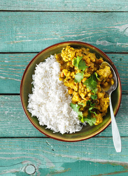 Cauliflower Spicy Curry Rice Wooden Background Copy Space Top View