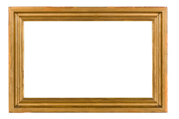 A distressed antique wooden picture frame isolated on a white background.