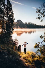 Poster Summer morning by lake, man watching colorful scenery © kovop58