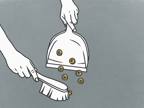 Man sweeping Euro coins into dustpan