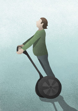 Man riding Segway scooter on blue background