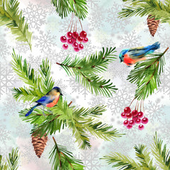 Cute Christmas seamless pattern with spruce branches, cone, berries and birds. Holiday background in hand drawn watercolor style.