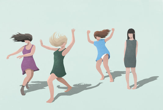 Shy woman watching carefree women dancing on blue background