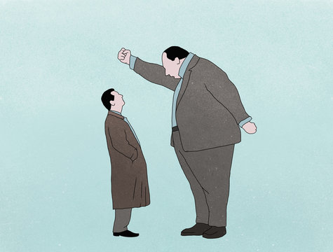 Large boss yelling at businessman on blue background