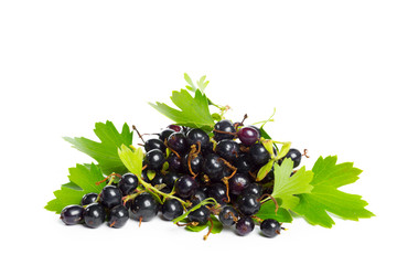 Berries black currant with green leaf. Fresh fruit, isolated on white background.