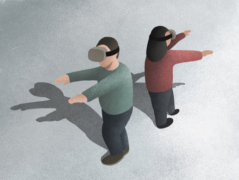 Man and woman using virtual reality simulator glasses