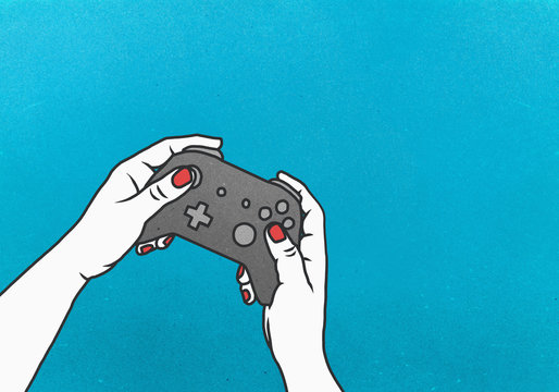 Woman playing video game with video game controller on blue background