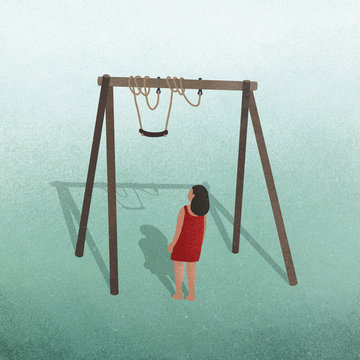 Girl looking up at tangled swing