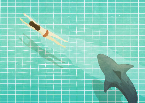 Shark chasing woman swimming in swimming pool