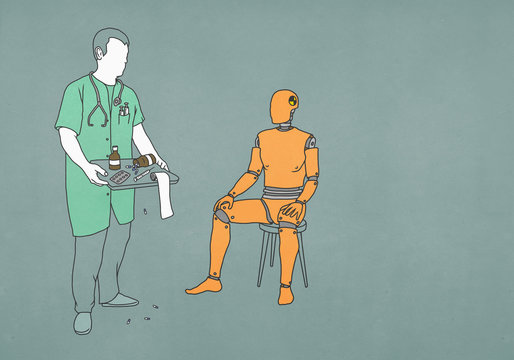 Doctor with tray of medicine and supplies standing next to crash test dummy
