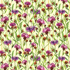 Watercolor painted purple wild thistle flowers on a yellow background. Blossom meadow plant. Hand drawn botanical illustration. Seamless pattern.