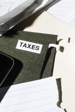 Close up taxes file and finance paperwork