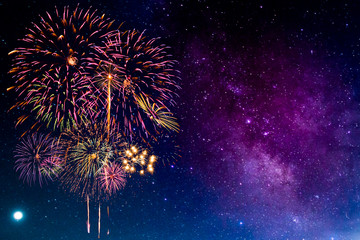 Fireworks with blur milky way background	