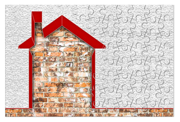 Buildings energy efficiency concept image - 3D render home thermally insulated with polystyrene walls - concept in jigsaw puzzle shape - obrazy, fototapety, plakaty