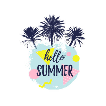 Hello Summer lettering. Hand drawn palm trees with paint Pop art background