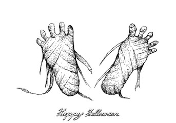 Holidays And Celebrations, Illustration Hand Drawn Sketch of Mummy Feets Isolated on White Background. Sign For Halloween Festival.