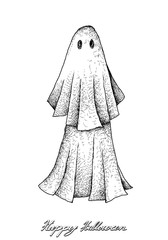Holidays And Celebrations, Illustration Hand Drawn Sketch of Ghost Isolated on White Background. Sign For Halloween Festival.