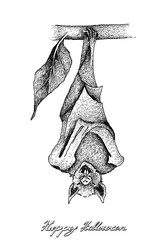 Holidays And Celebrations, Illustration Hand Drawn Sketch of Evil Bat Isolated on White Background. Sign For Halloween Festival.