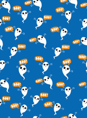 Cute Flying Ghosts Vector Pattern. White Adobrable Ghosts on a Blue Background. Halloween Decoration. Funny Infantile Design. Orange Speech Bubbles with White Hand Written Boo Letters. Kawai Graphic.