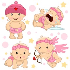 A set of illustrations of icons of baby of children of girls standing in a hat, crying and in hysterics, creeps on all fours, an angel shoots arrows from an onion with a heart.