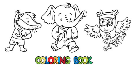 Badger, elephant and owl doing exercises. Sport.