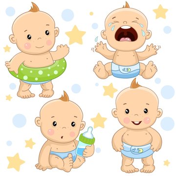 Set of illustrations of icons of baby of children of boy with a life ring, hysterical and crying, with a bottle of milk, and is standing.