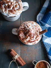 Hot cocoa with whipped cream and cinnamon stick on dark background, top view