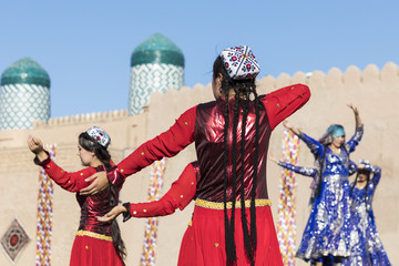 Folk dancers performs traditional dance at local festivals in Khiva, Uzbeksitan.