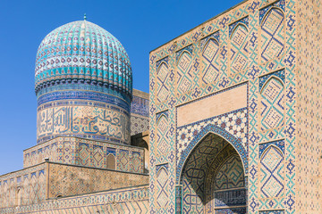 Detail of blue mosaic at Bibi-Khanym (Bibi-Xonum) Mosque, Samarkand, Uzbekistan