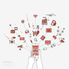 Consumer using smartphone.  Modern illustration in linear style.