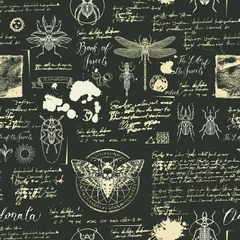 Fotobehang Vector seamless abstract background with insects. Beetles, moths, dragonflies, ink stains, doodles and handwritten inscriptions on the old manuscripts. Can be used as retro Wallpaper, wrapping paper © paseven
