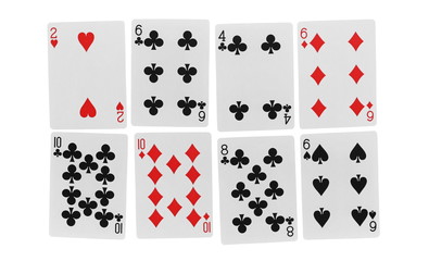 Set and collection of playing cards for poker and gambling, isolated on white background with clipping path