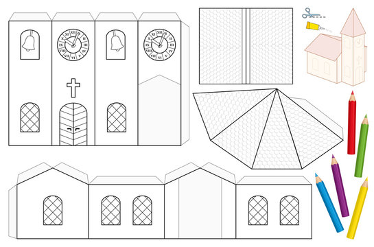 Church paper craft sheet. Unpainted cut-out template for children for coloring and making a 3d scale model church with steeple, nave, roofs, stained glass windows, door, cross, belfry, tower clock.
