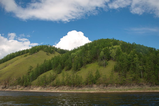 Beautiful riverside of the Siberian river. Kalar River, Stanovoy Highlands, Russia.