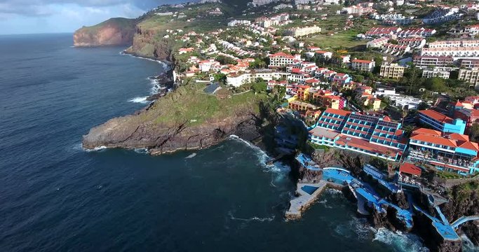 Aerial view of coastal town Canico da Baixo, Madeira, Portugal .