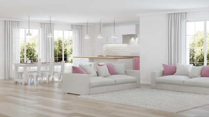 Modern house interior. White interior. 3D rendering.