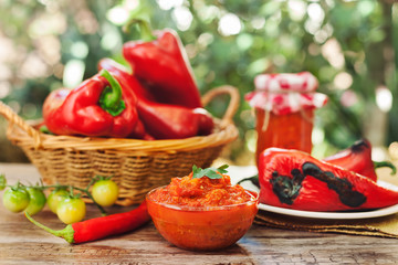 Garnished homemade Ajvar in glass bowl