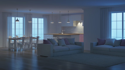 Modern house interior. White interior. Night. Evening lighting. 3D rendering.